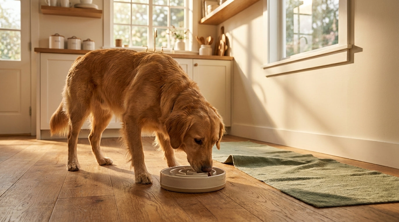 Editorial illustration for the feeding topic 'Best slow feeder dog bowl: a design-first buyer's guide' in FURMIND eBook cover style