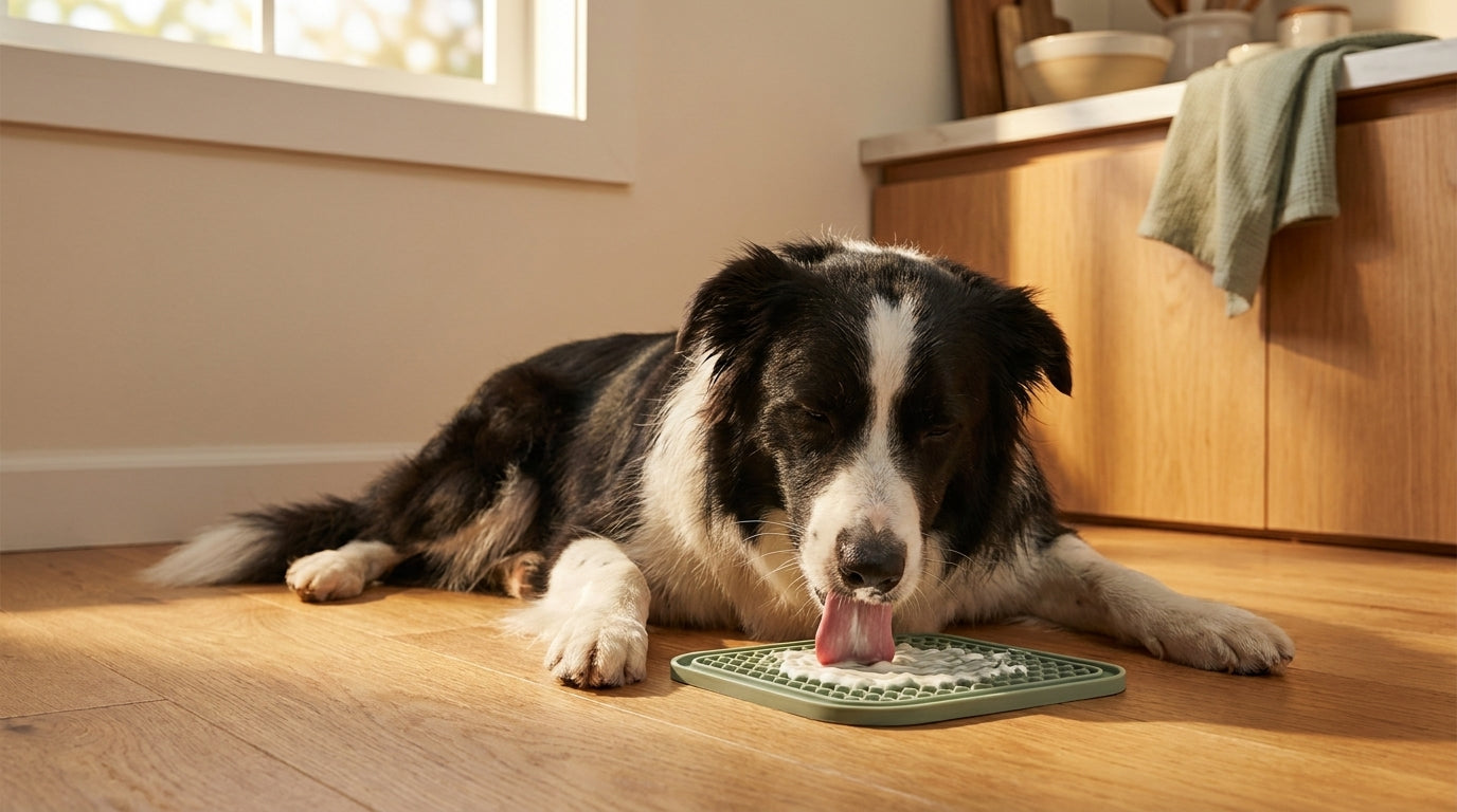 Editorial illustration of a dog calmly licking a silicone mat, eyes half-closed, low-arousal posture