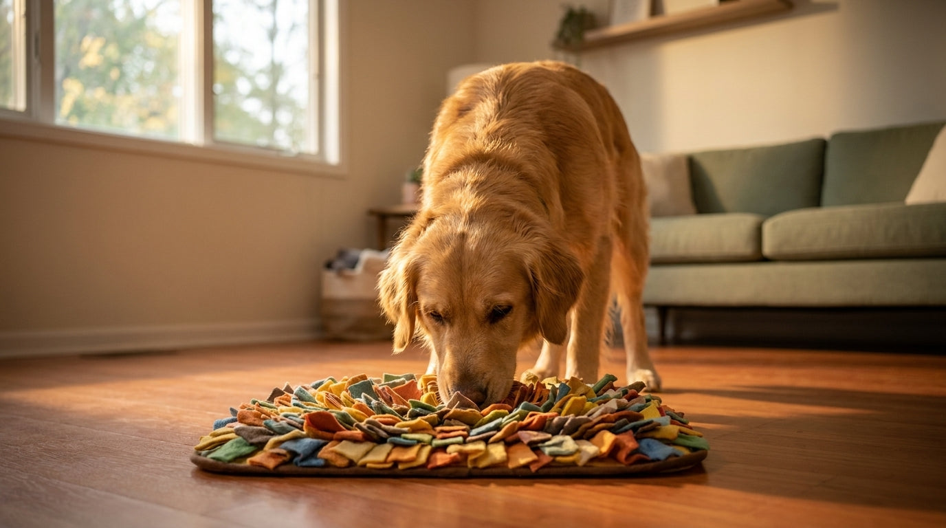 Editorial illustration for the enrichment topic 'Snuffle mat benefits for dogs: the science of foraging enrichment' in FURMIND eBook cover style