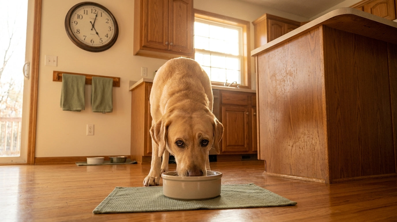 Editorial illustration for the feeding topic 'Why does my dog eat so fast? Three root causes explained' in FURMIND eBook cover style