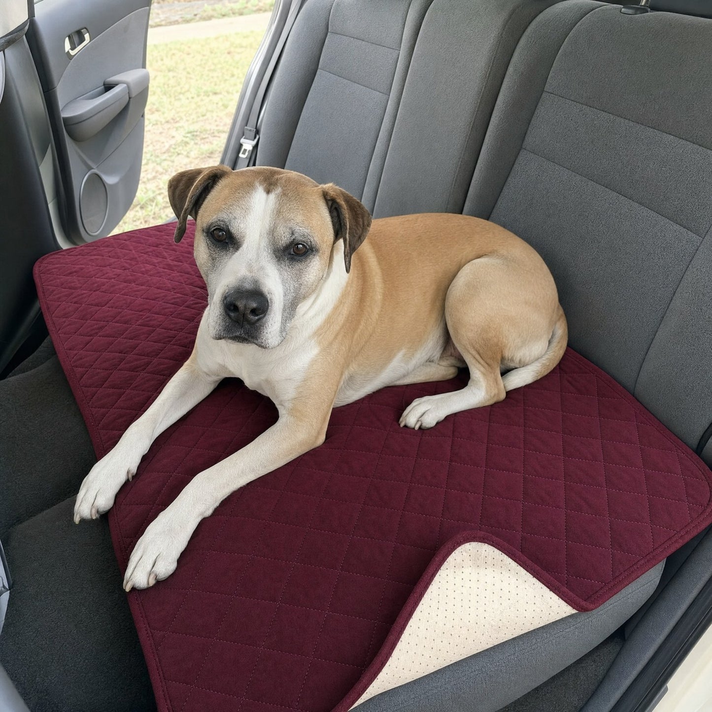 A dog lying on a burgundy quilted throw spread over a car back seat