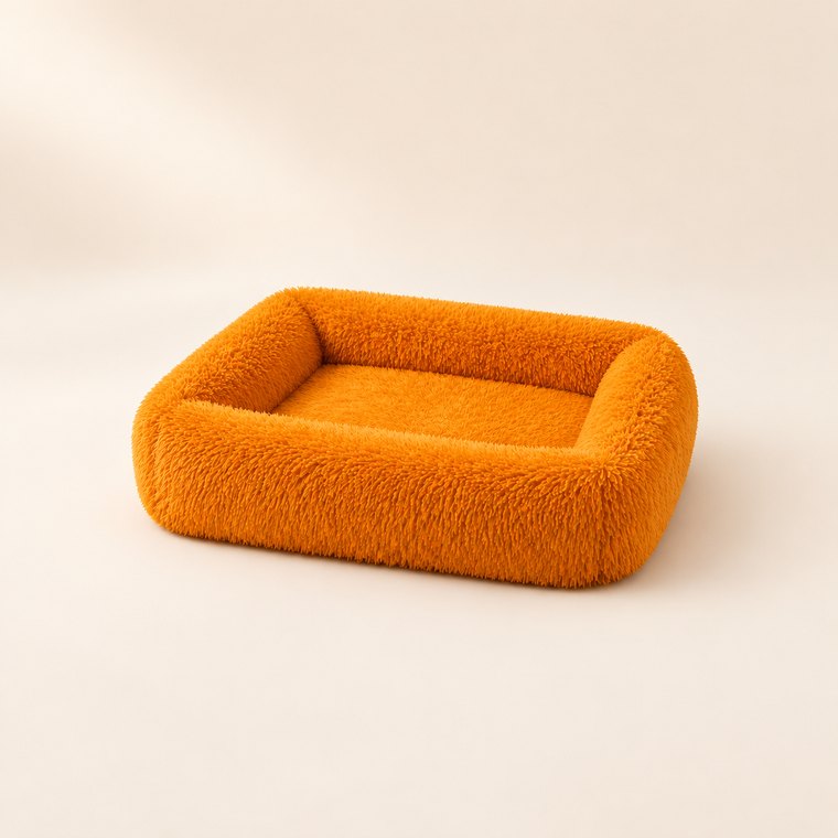 Shaggy Plush Square Dog Bed in Orange Yellow
