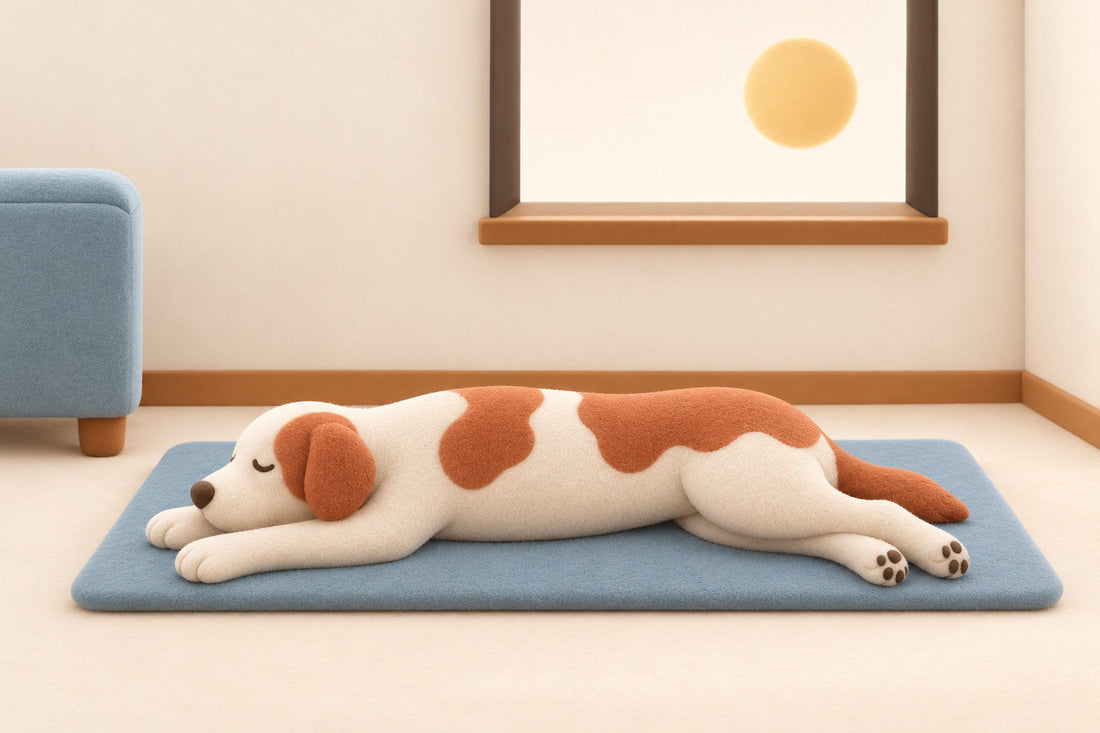 The large dog lies fully stretched on one Dusty Teal cooling mat beneath one open window rectangle