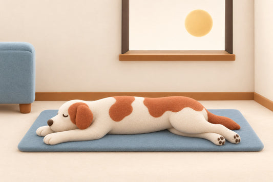 The large dog lies fully stretched on one Dusty Teal cooling mat beneath one open window rectangle
