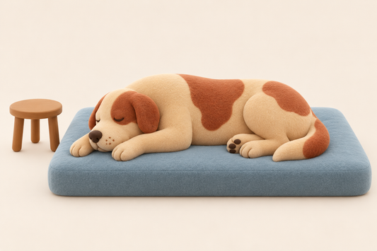 The dog lies fully contained from nose to tail on one oversized rectangular bed. A tiny Ochre side table provides scale
