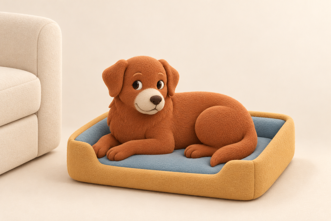The senior dog rests in one low-entry dog bed; one quiet window or partial chair edge