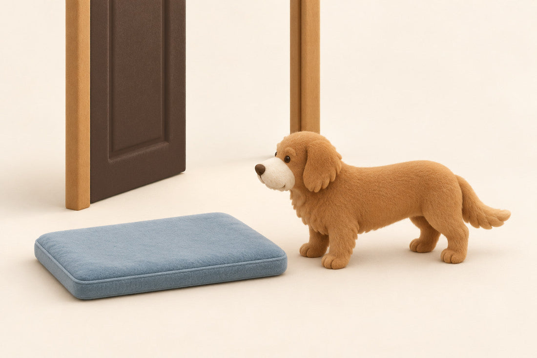 The dog stands beside one slim rectangular flat crate-style mat at an open interior doorway