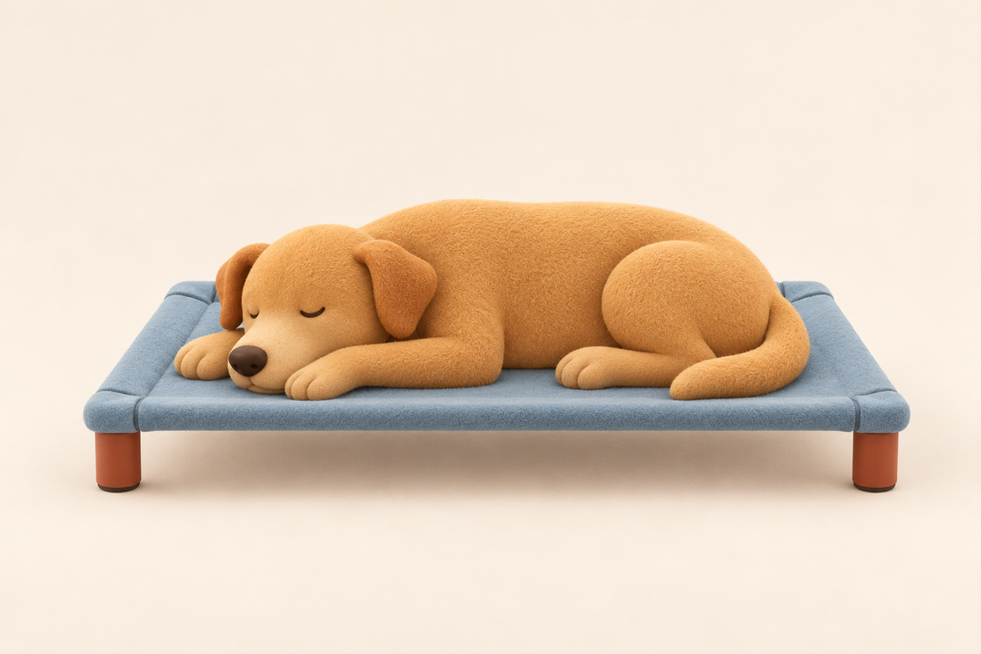 The dog rests on one simple elevated cot bed with four short visible legs and a flat Dusty Teal sleeping panel