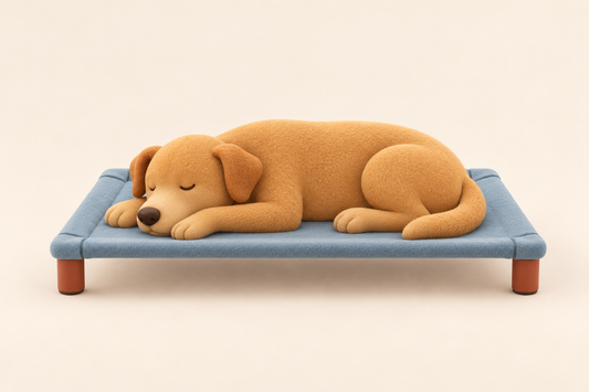 The dog rests on one simple elevated cot bed with four short visible legs and a flat Dusty Teal sleeping panel