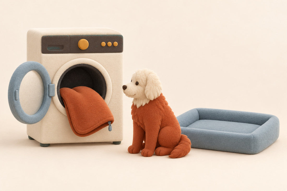 The dog sits calmly beside one unbranded front-loading washing machine while one flat removable bed cover rests partly