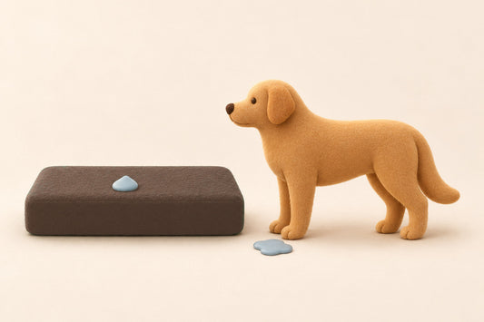 One dog beside one dog bed; a single outlined water droplet on the bed and a small irregular wet mark on the floor