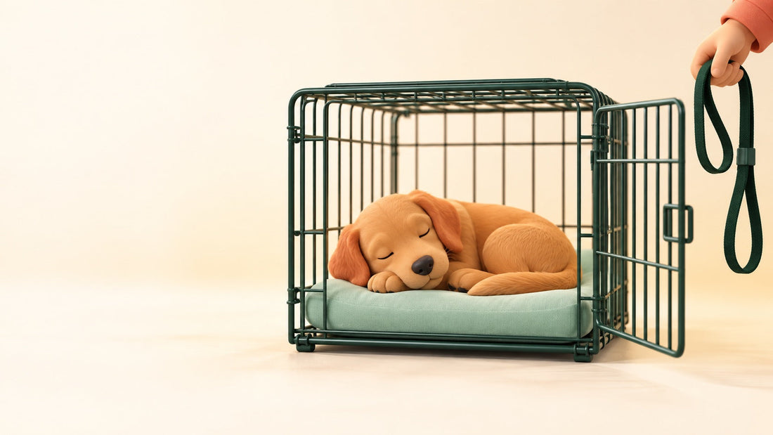 A puppy asleep on a flat pad in an open crate, with a hand holding a leash beside it