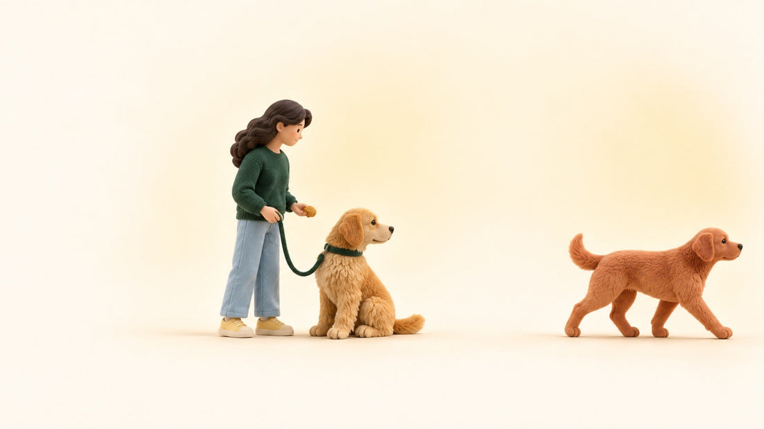 An adult dog sitting calmly on a loose lead beside its owner, who holds a treat, while another dog walks past at a distance