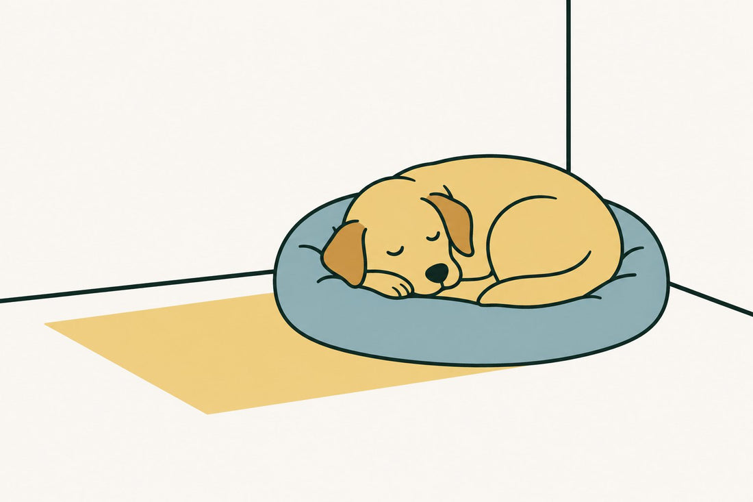 A dog asleep on a bed in a quiet corner of a room