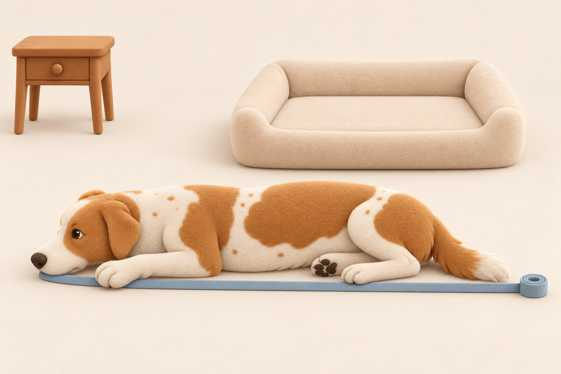 One dog beside one bed; a plain unmarked measuring tape runs from nose to tail base; one small side table.