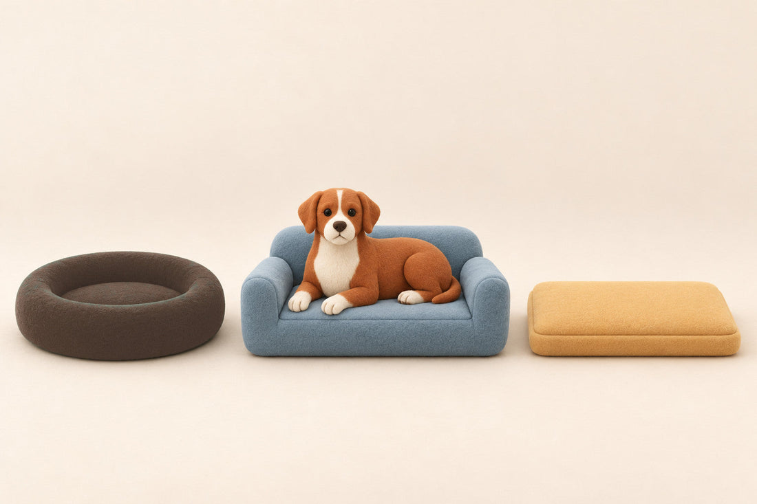 Three clearly different bed forms arranged left to right on one floor line: a round bolster bed, a small sofa-style bed