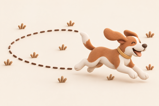 A dog running a fast loop around a living room