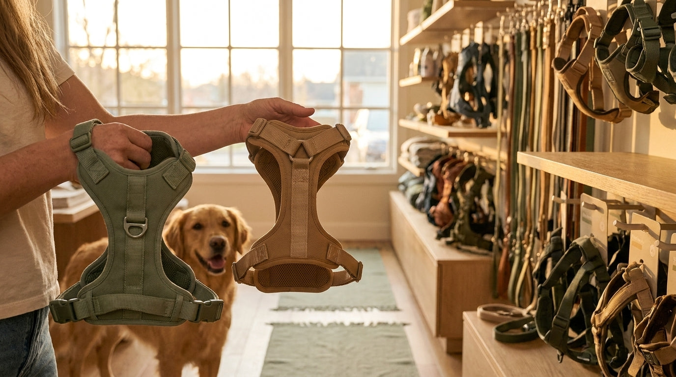 Editorial illustration for the walking topic 'Best dog harness for pulling: a mechanism-first guide' in FURMIND eBook cover style