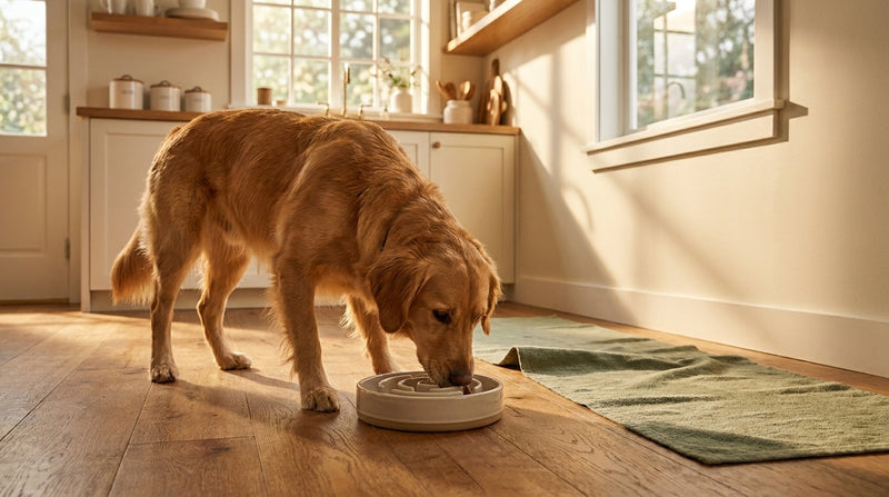 Dog using maze-design slow-feeder bowl mid-meal — extended eating event