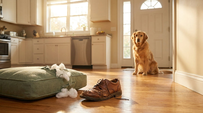 Aftermath scene: dog by front door, evidence of separation panic visible in foreground