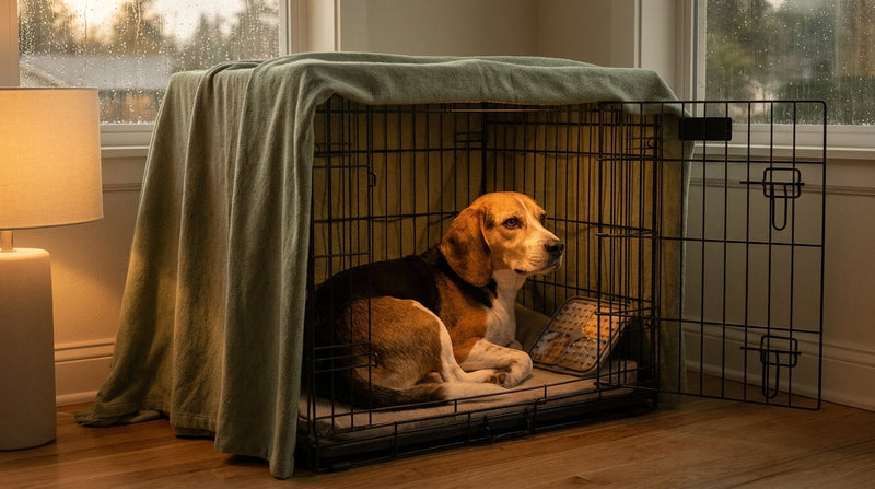 Dog in covered crate during storm — protective acute storm protocol setup