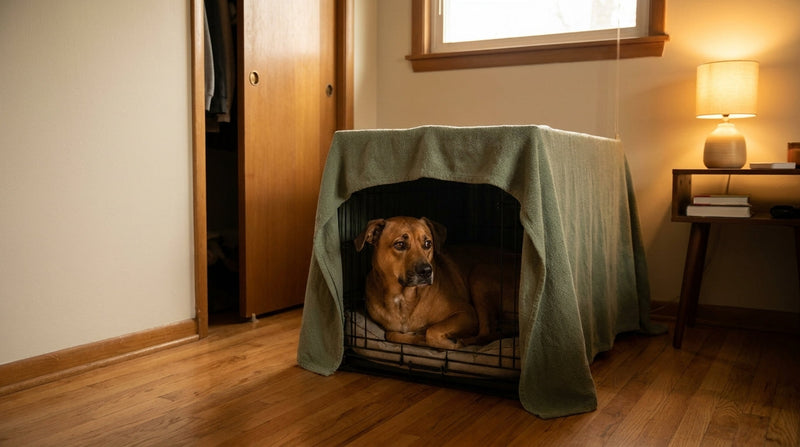 Anxious dog resting in a covered den-style crate in dim warm interior — calm parasympathetic refuge