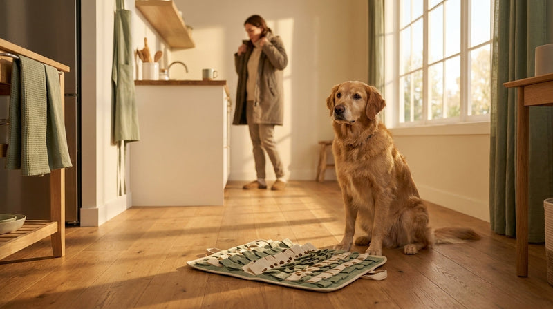 Dog by snuffle mat with owner preparing to leave — staggered enrichment plan setup