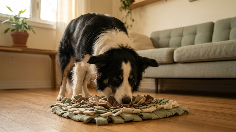 Border collie deep in concentration on a textured snuffle mat in warm living room — focused brain work, not physical exertion