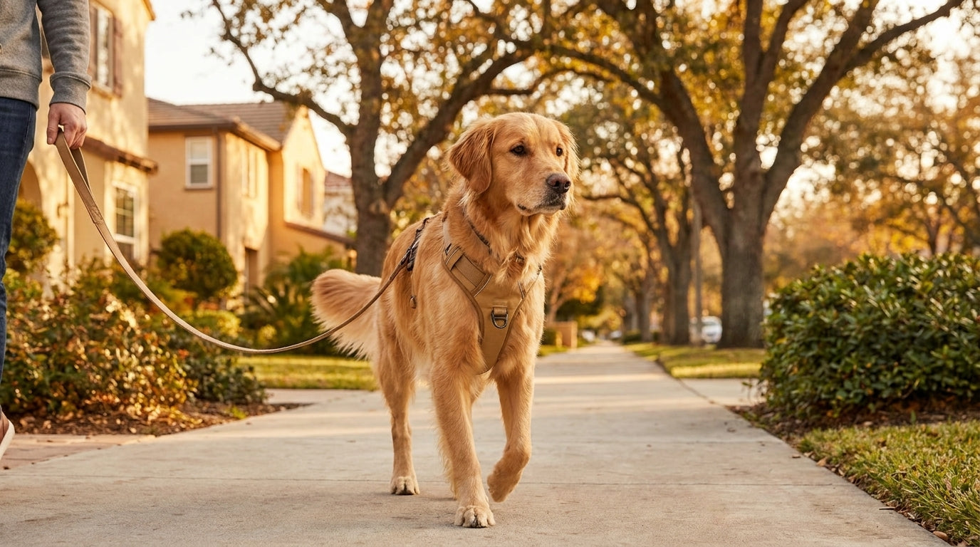 Editorial illustration of a Y-front no-pull harness fitted on a medium dog, sternum strap visible
