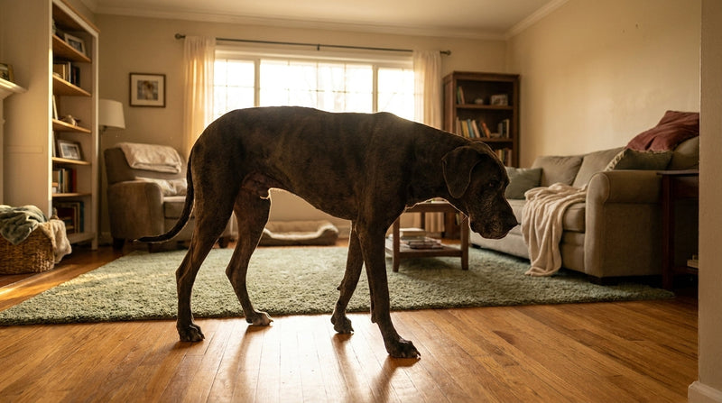 Deep-chested dog showing Stage 1 bloat restlessness — pacing and hunched posture