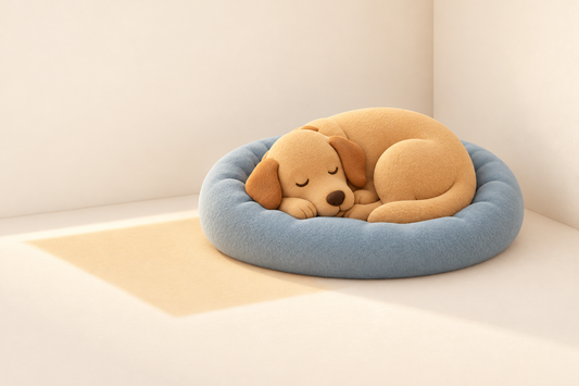 A dog asleep on a bed in a quiet corner of a room