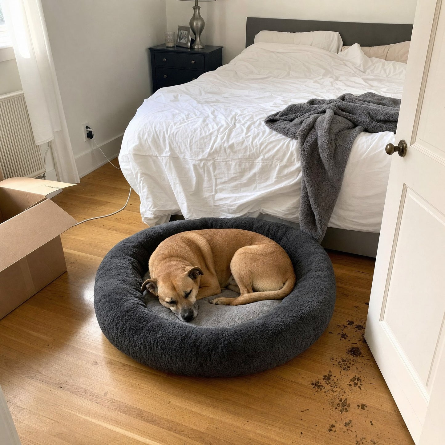 A dog asleep in the oval bed at the foot of a bed