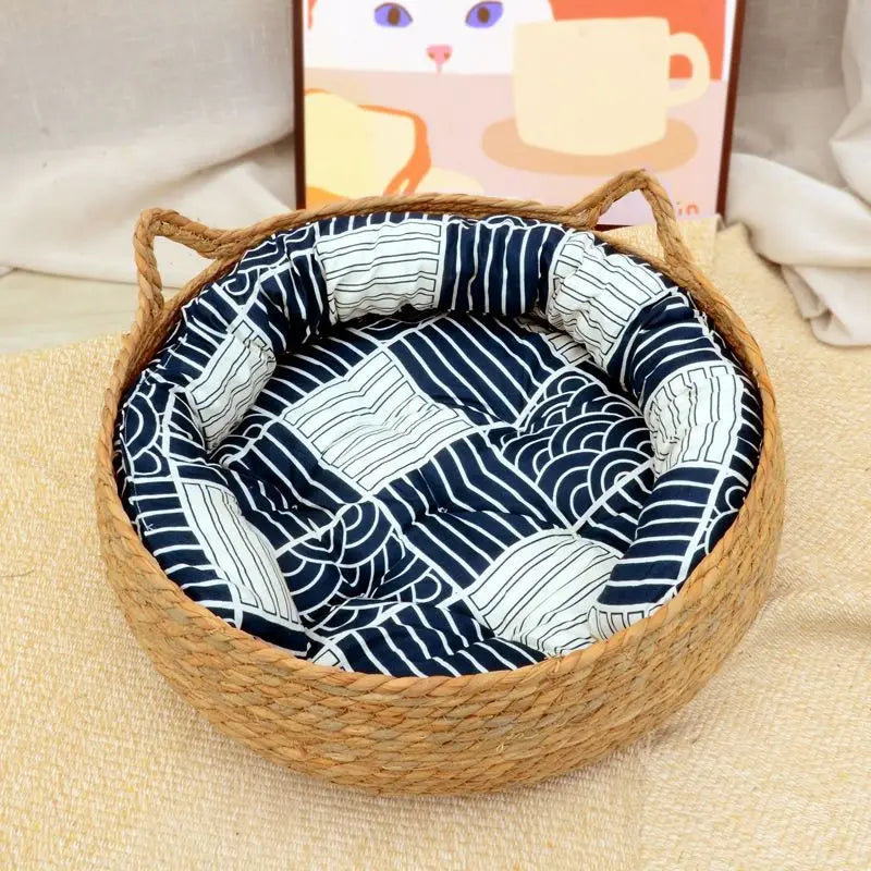 A woven rattan dog bed