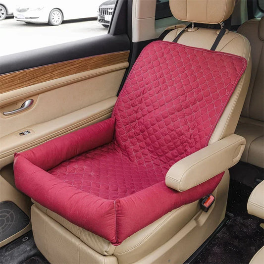 A burgundy waterproof quilted car seat cover for dogs