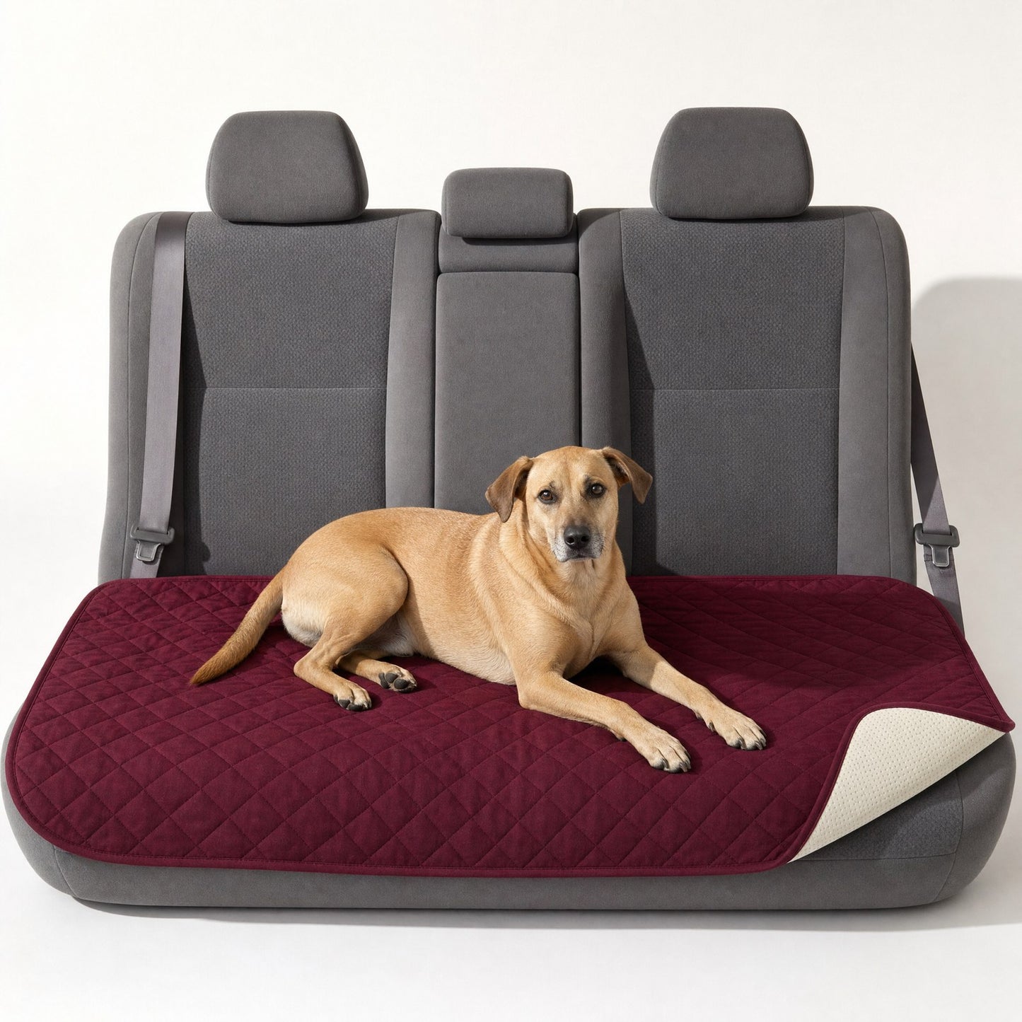 A dog on a burgundy quilted throw spread over a car back seat