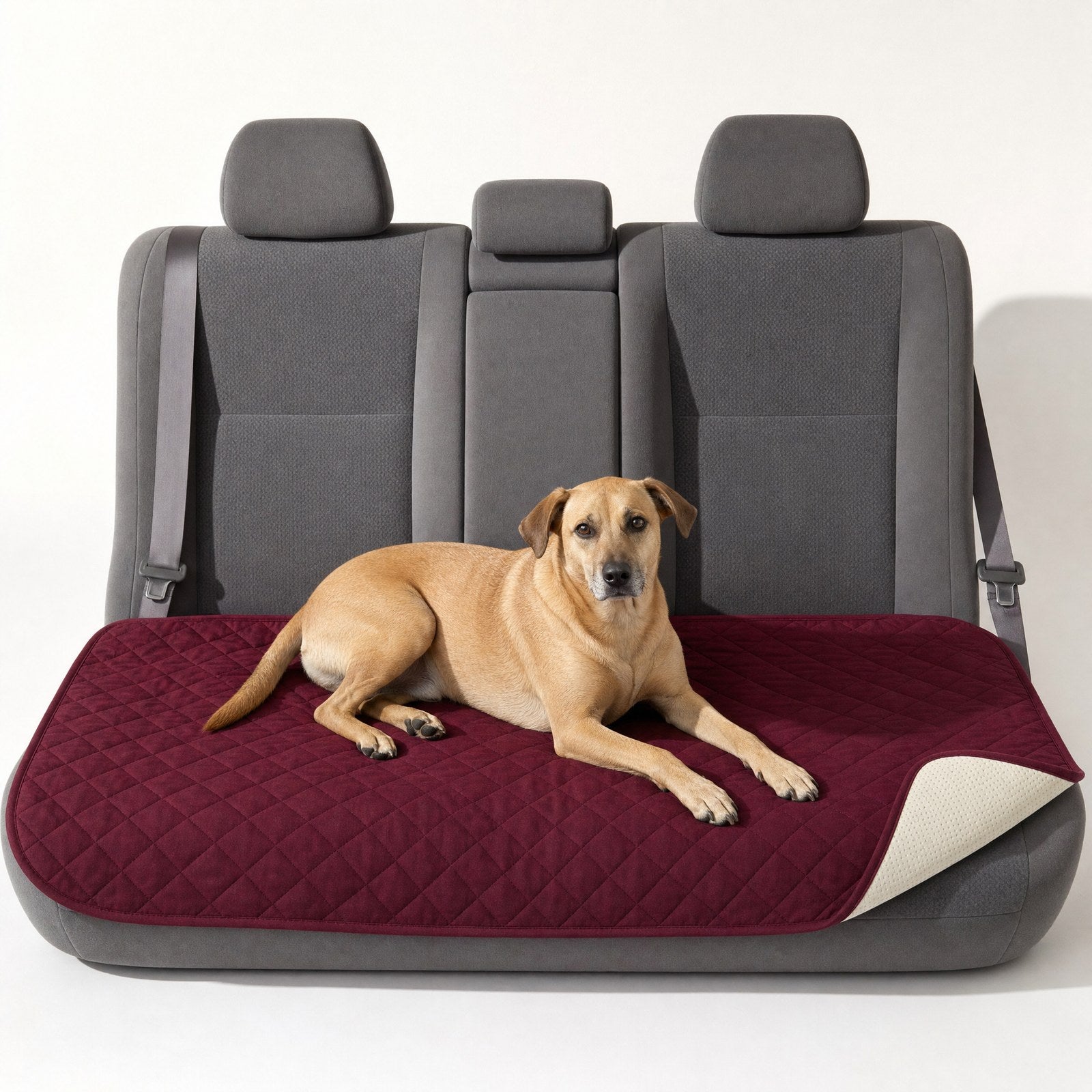 A dog on a burgundy quilted throw spread over a car back seat