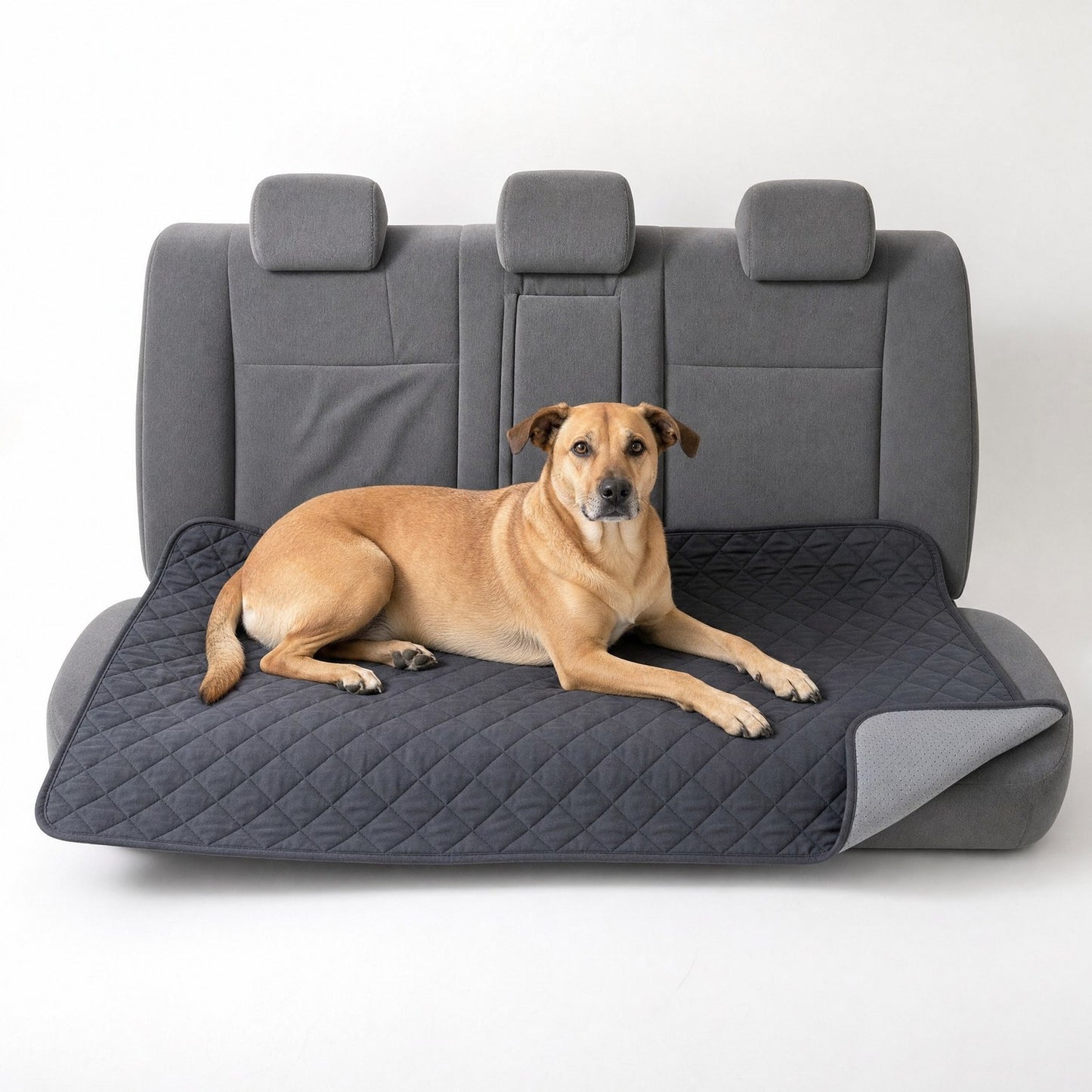 A dog on a charcoal quilted throw spread over a car back seat