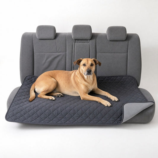 A dog on a charcoal quilted throw spread over a car back seat