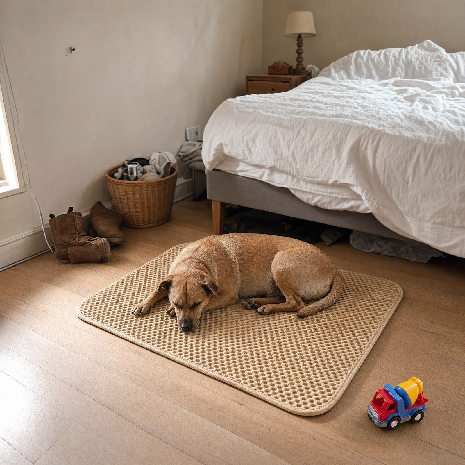 A dog asleep on the mat at the foot of a bed