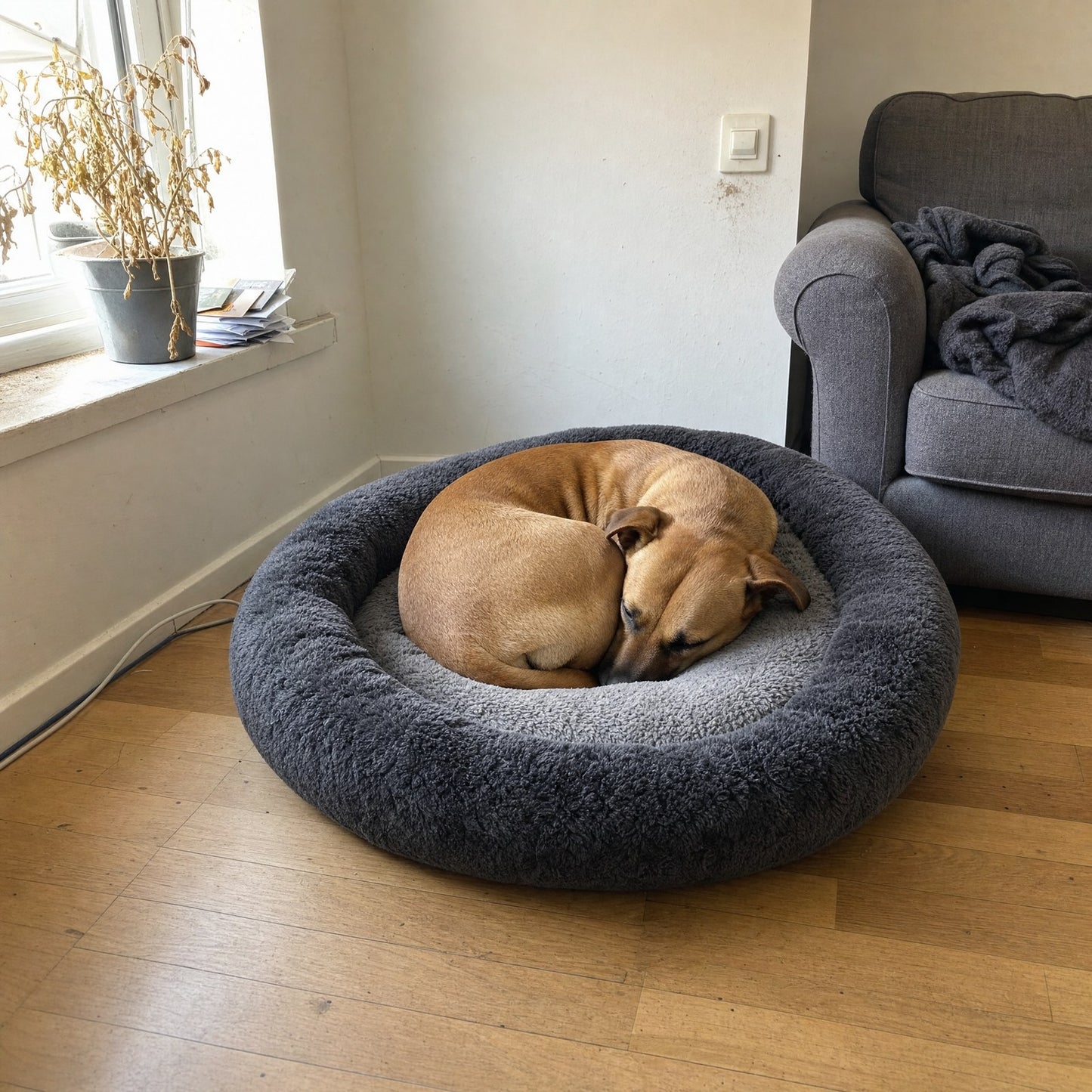 The dog curled tight, the rim wrapped around its neck