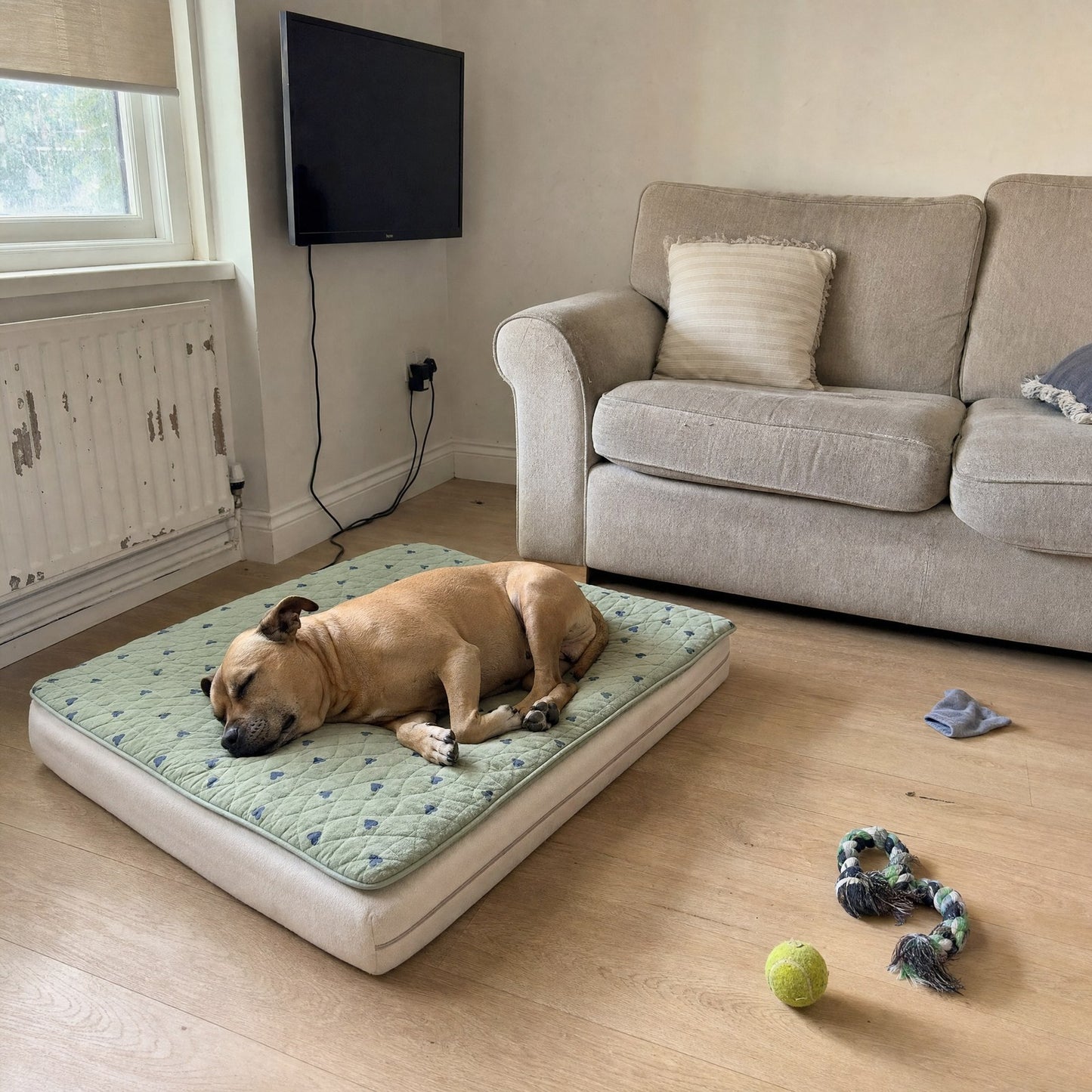 A dog asleep on the mat beside a sofa in a living room