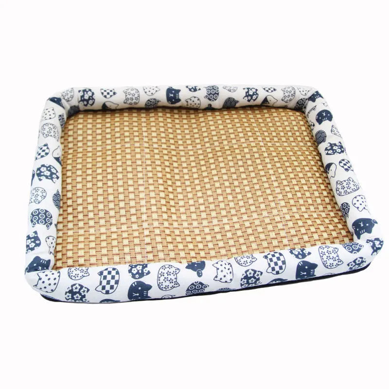 A cooling woven rattan mat for dogs