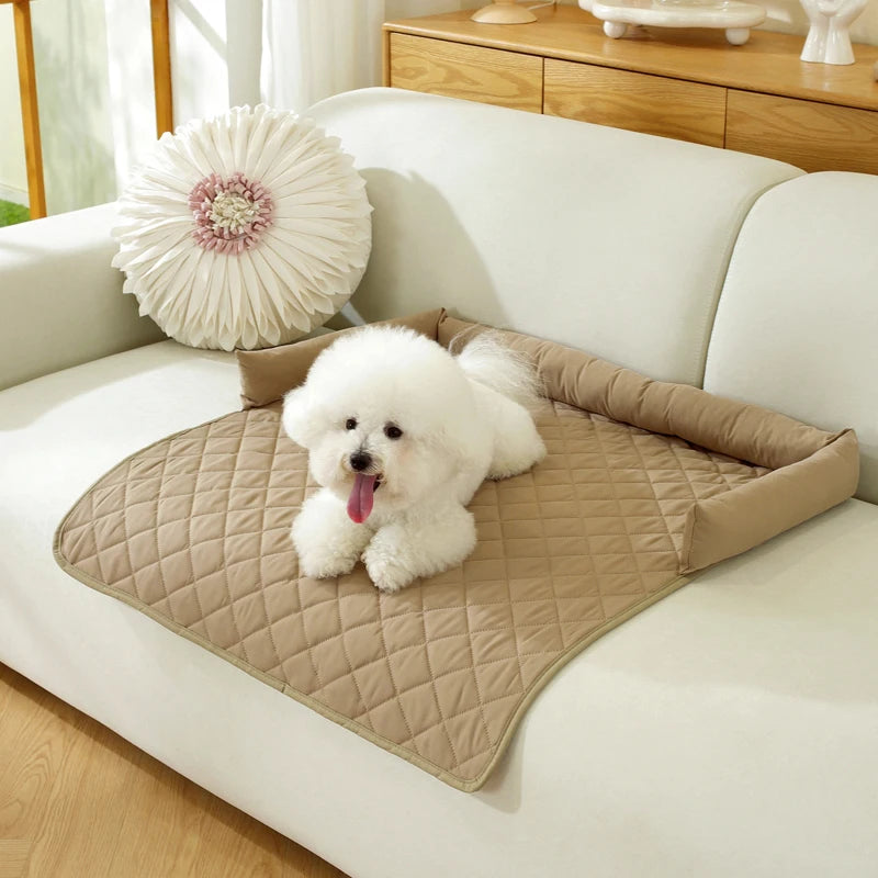 The wood colourway of the dog bed cover with neck pillow