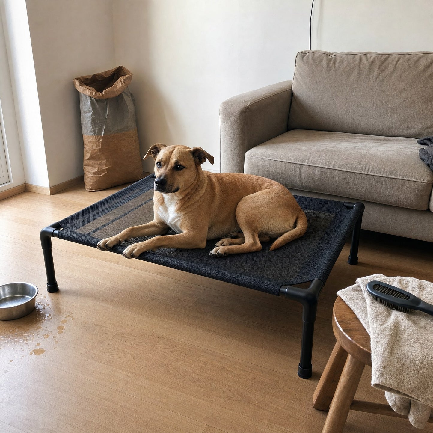 A dog on the cot beside a sofa in a living room
