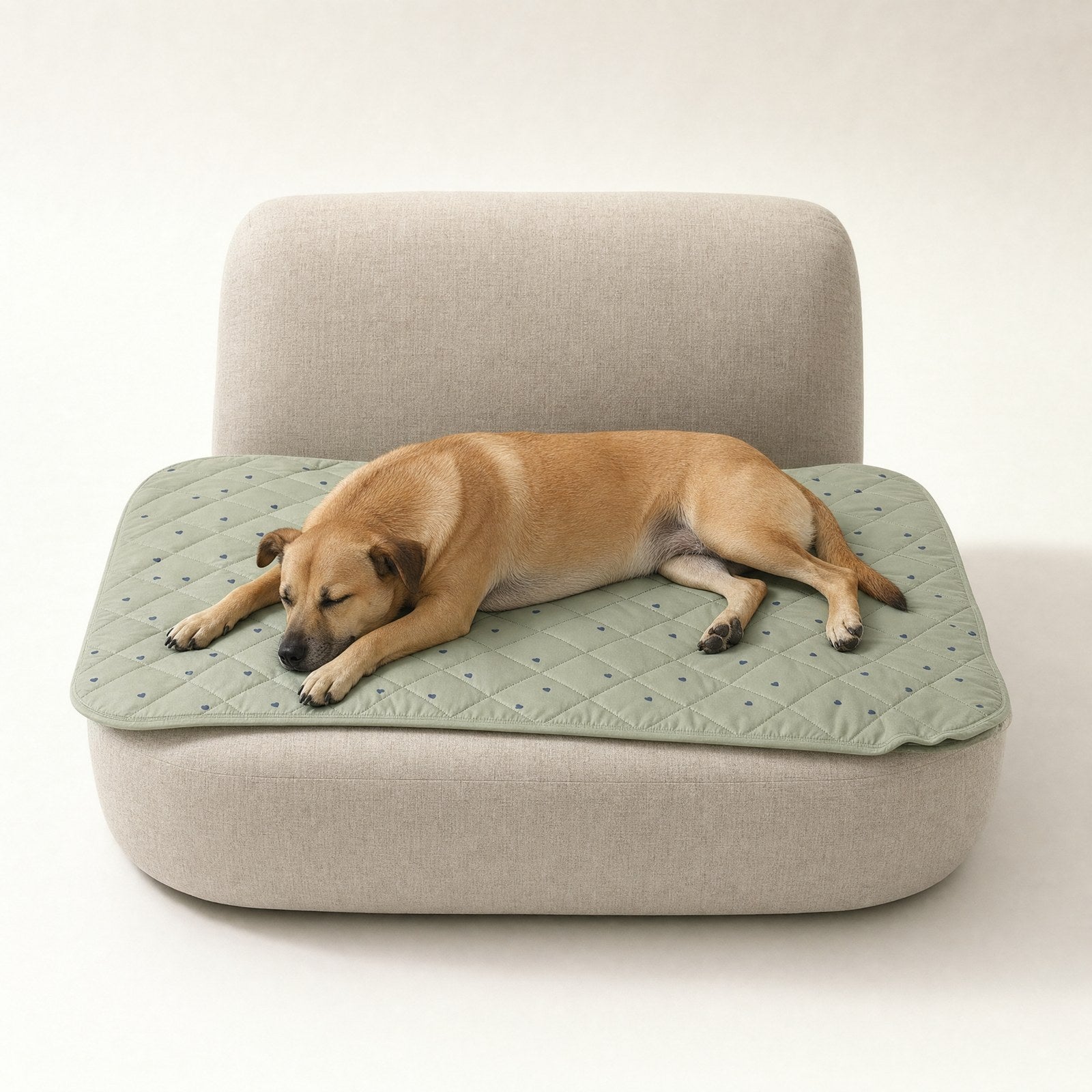 A dog asleep on a sage green quilted cooling mat