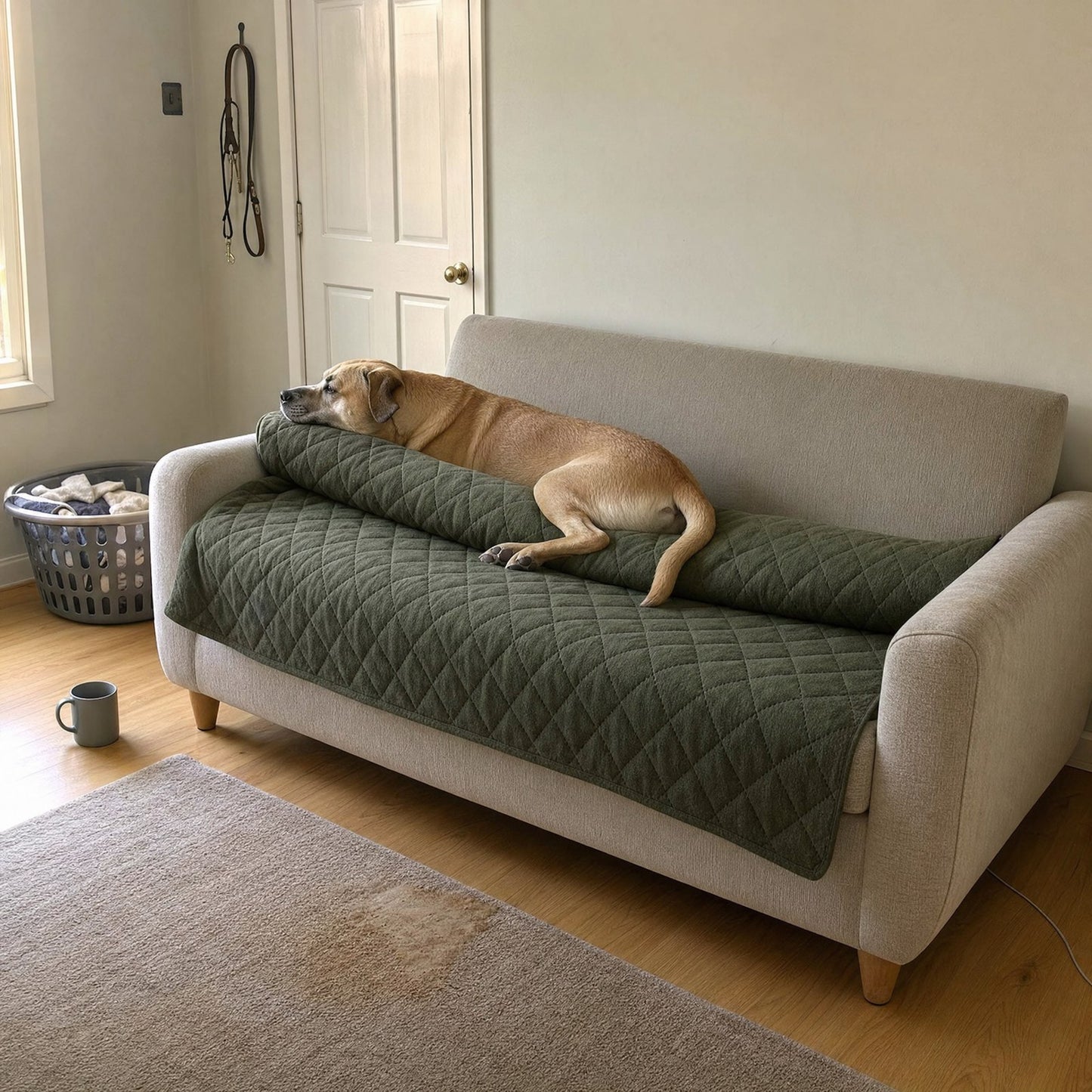 A dog resting on the cover spread over a sofa in a living room