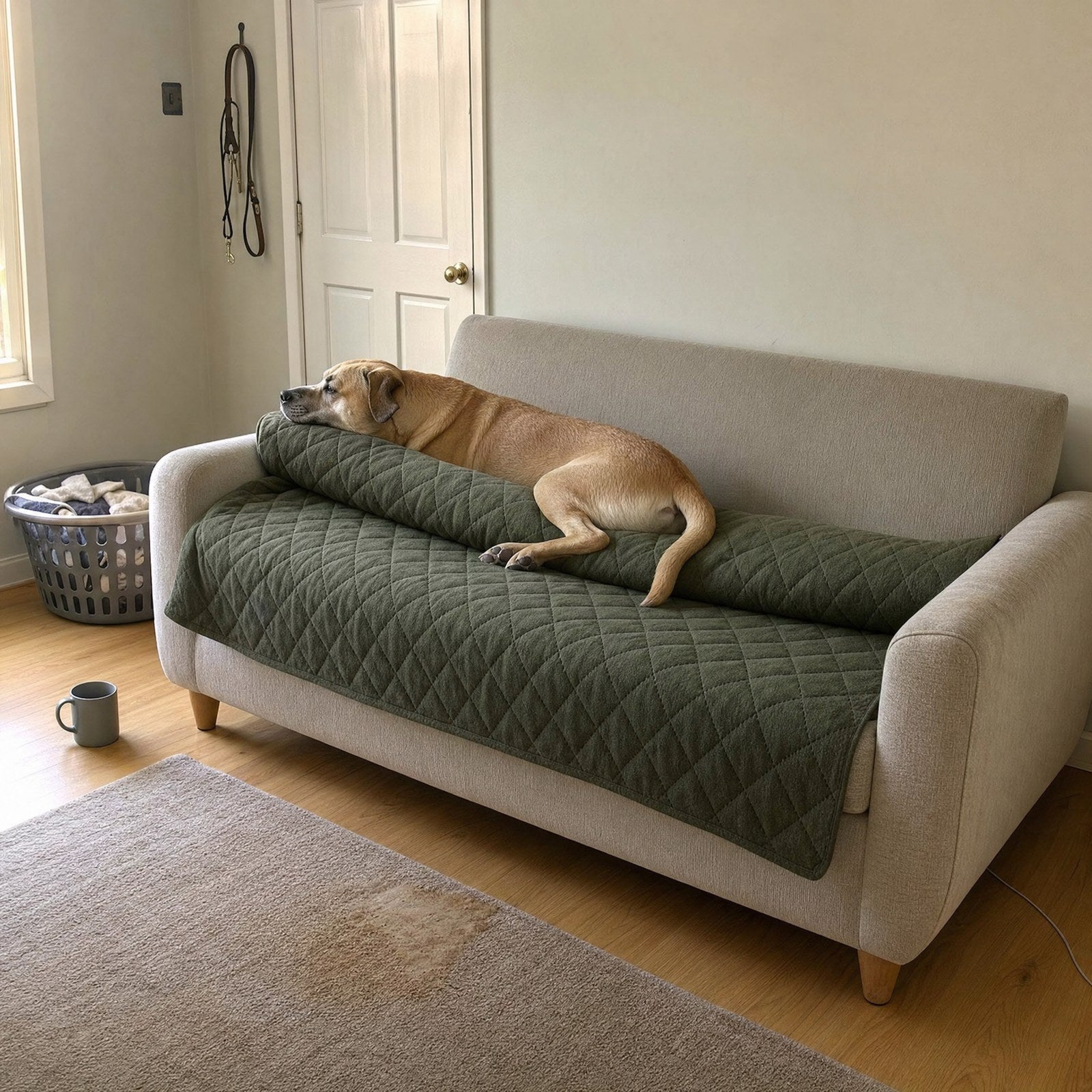 A dog resting on the cover spread over a sofa in a living room