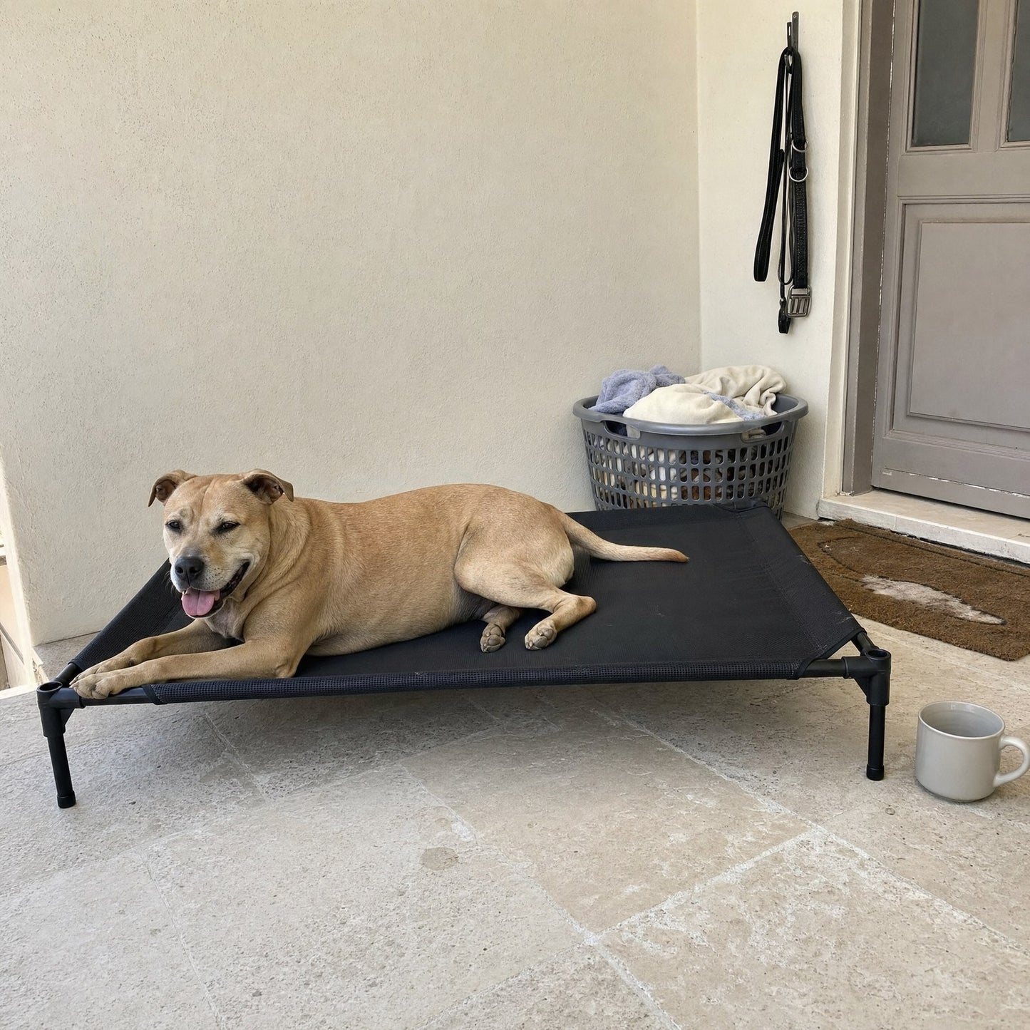 On a hot day the dog lies on the cot, air moving underneath