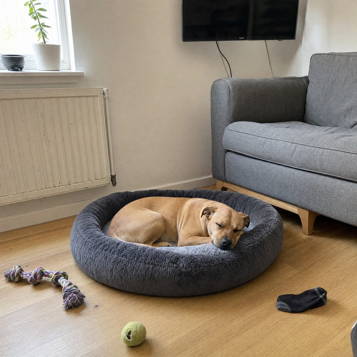 A dog asleep in the oval bed beside a sofa