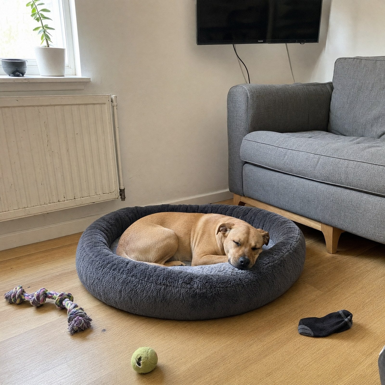 A dog asleep in the oval bed beside a sofa